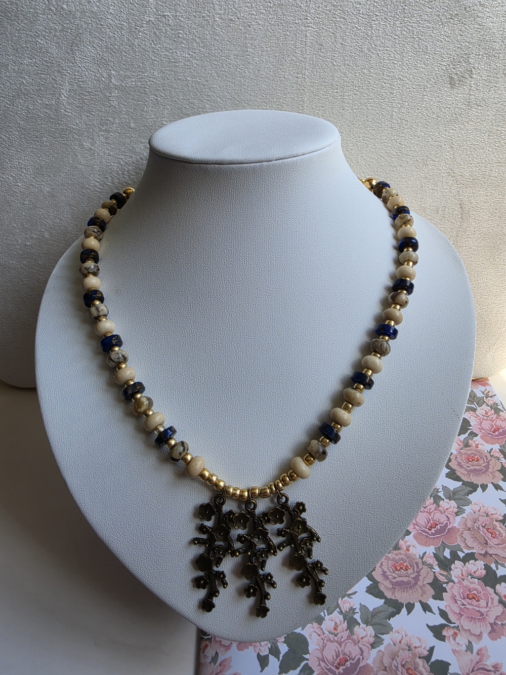 Crafted Beaded Necklace with Cream, Blue and Gold Accents